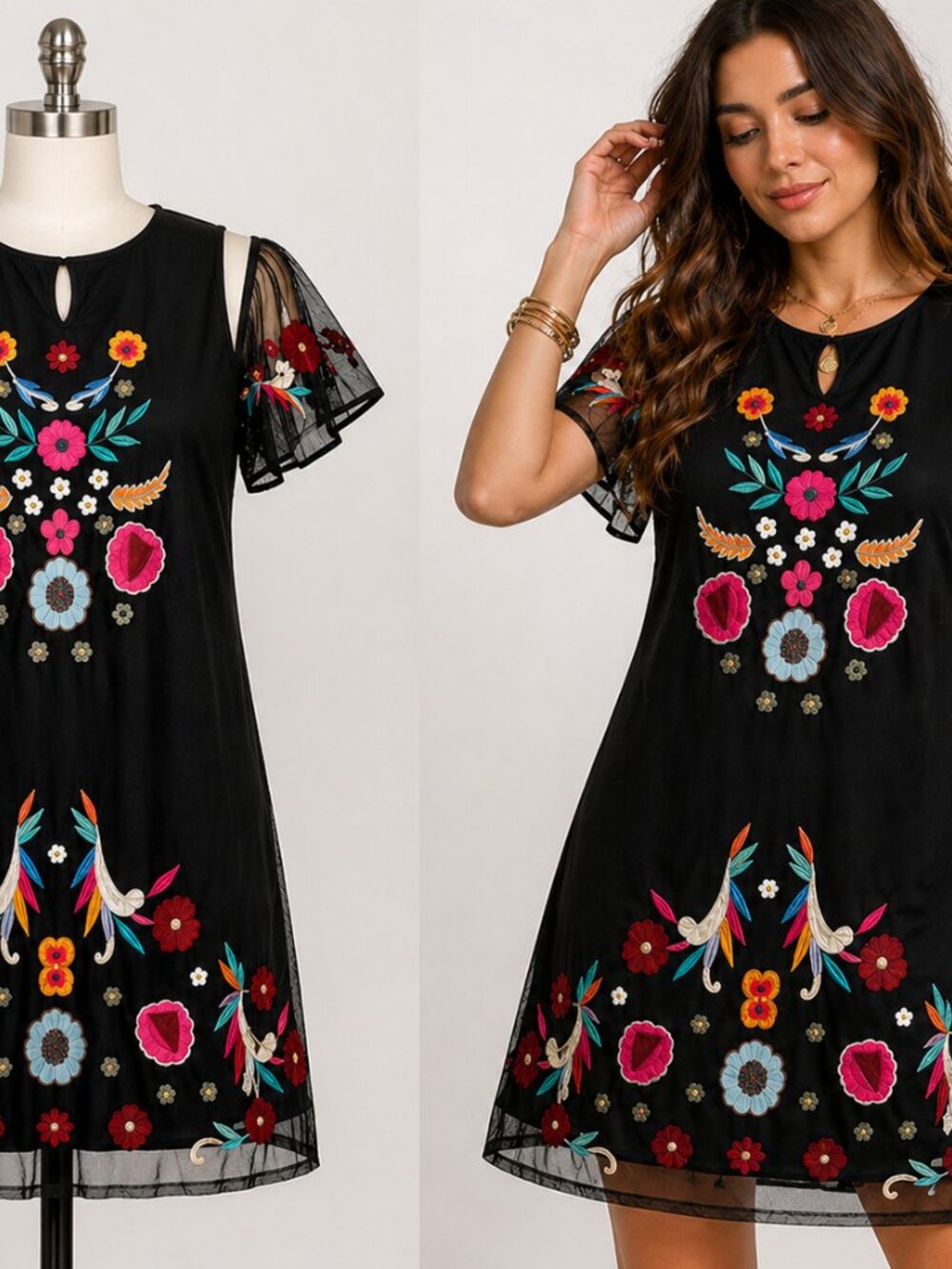 Kyra Embroidered Mini Dress L Black Floral Sheer Sleeve Boho Festival Shift